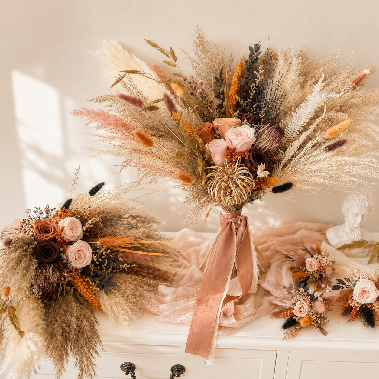 Rustic wedding bouquet with pampas grass, blush roses and preserved dried flowers.