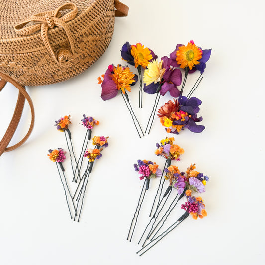 Boho bridal hair pins styled in braided hairstyle, dried flower wedding hair accessories