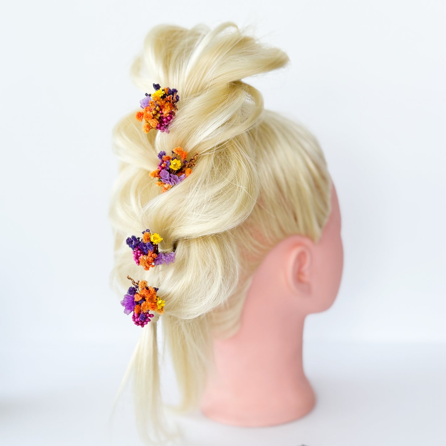 Boho dried flower hair pins in purple and burnt orange, handmade bridal hair accessories from Australia
