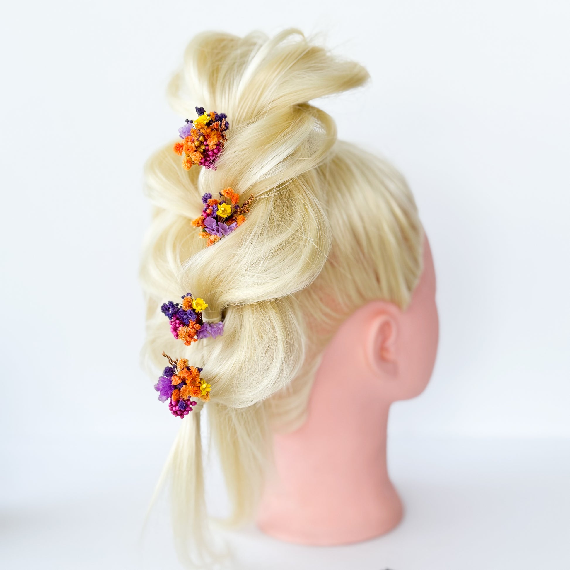 Boho dried flower hair pins in purple and burnt orange, handmade bridal hair accessories from Australia