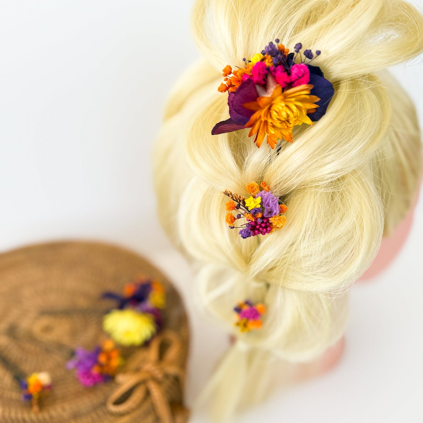 Boho dried flower hair pins in purple and burnt orange, handmade bridal hair accessories from Australia