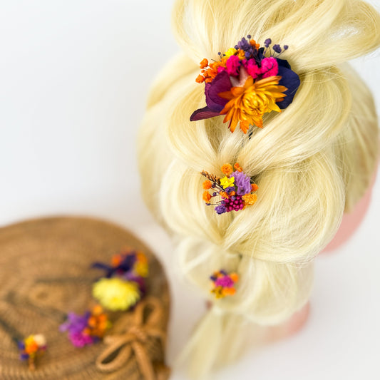 Boho dried flower hair pins in purple and burnt orange, handmade bridal hair accessories from Australia