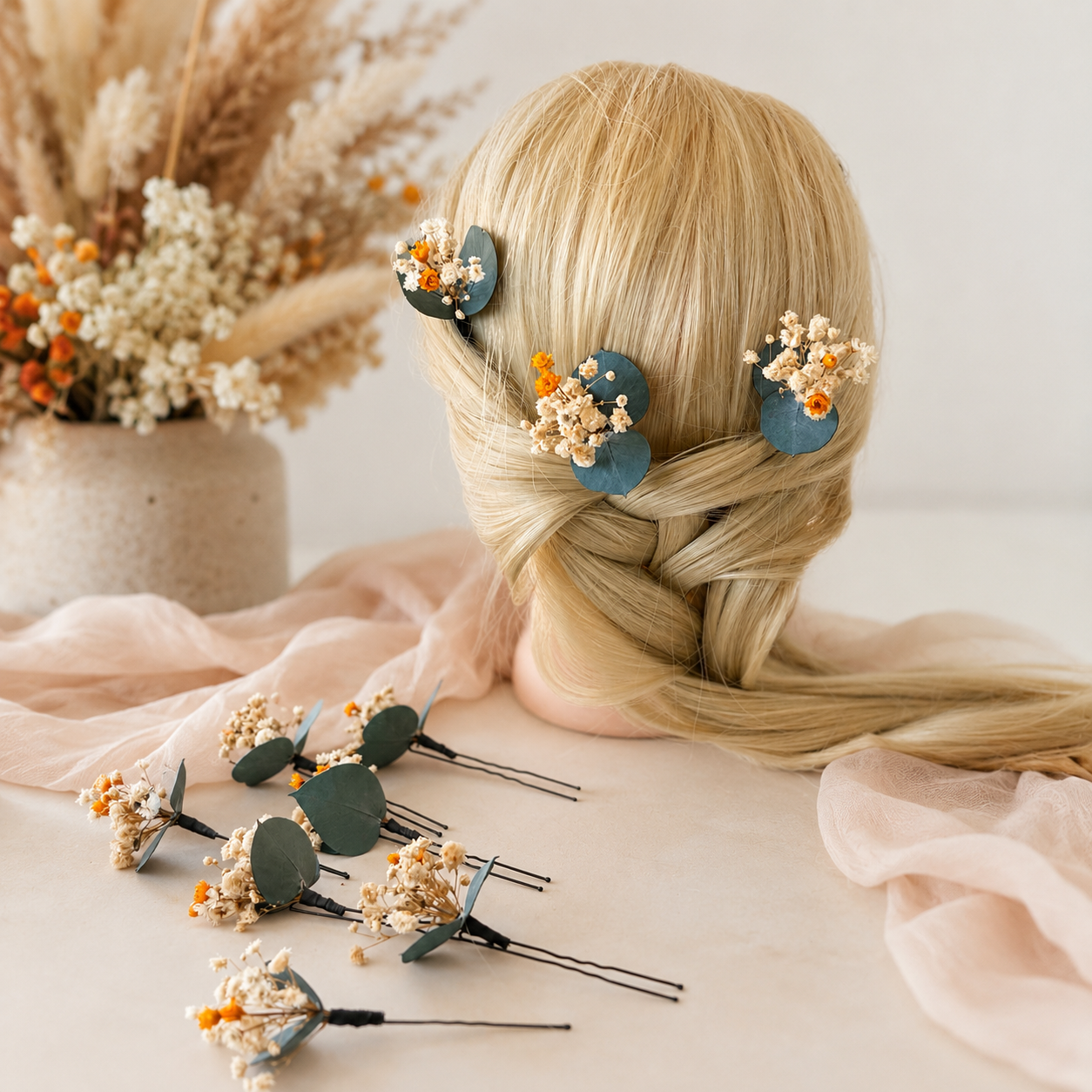  Bridal_eucalyptus_hair_pins decorated with dried baby's breath and orange berries are shown in a styled flat-lay setup.