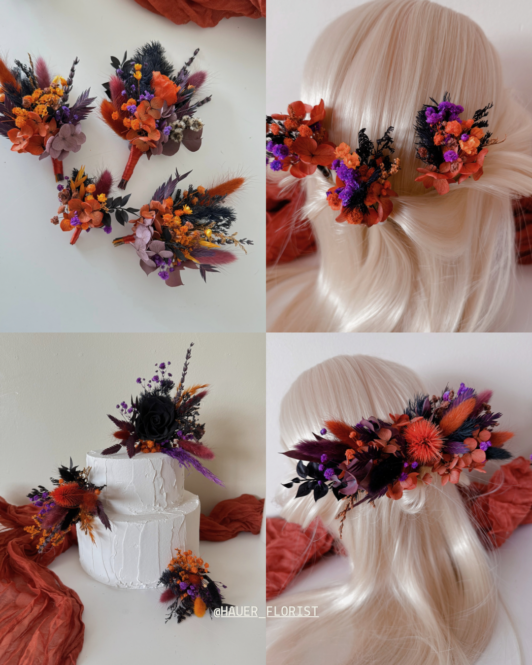 Bride hairstyle with dried flower crown tied with red ribbon — adjustable and comfortable wedding headpiece.