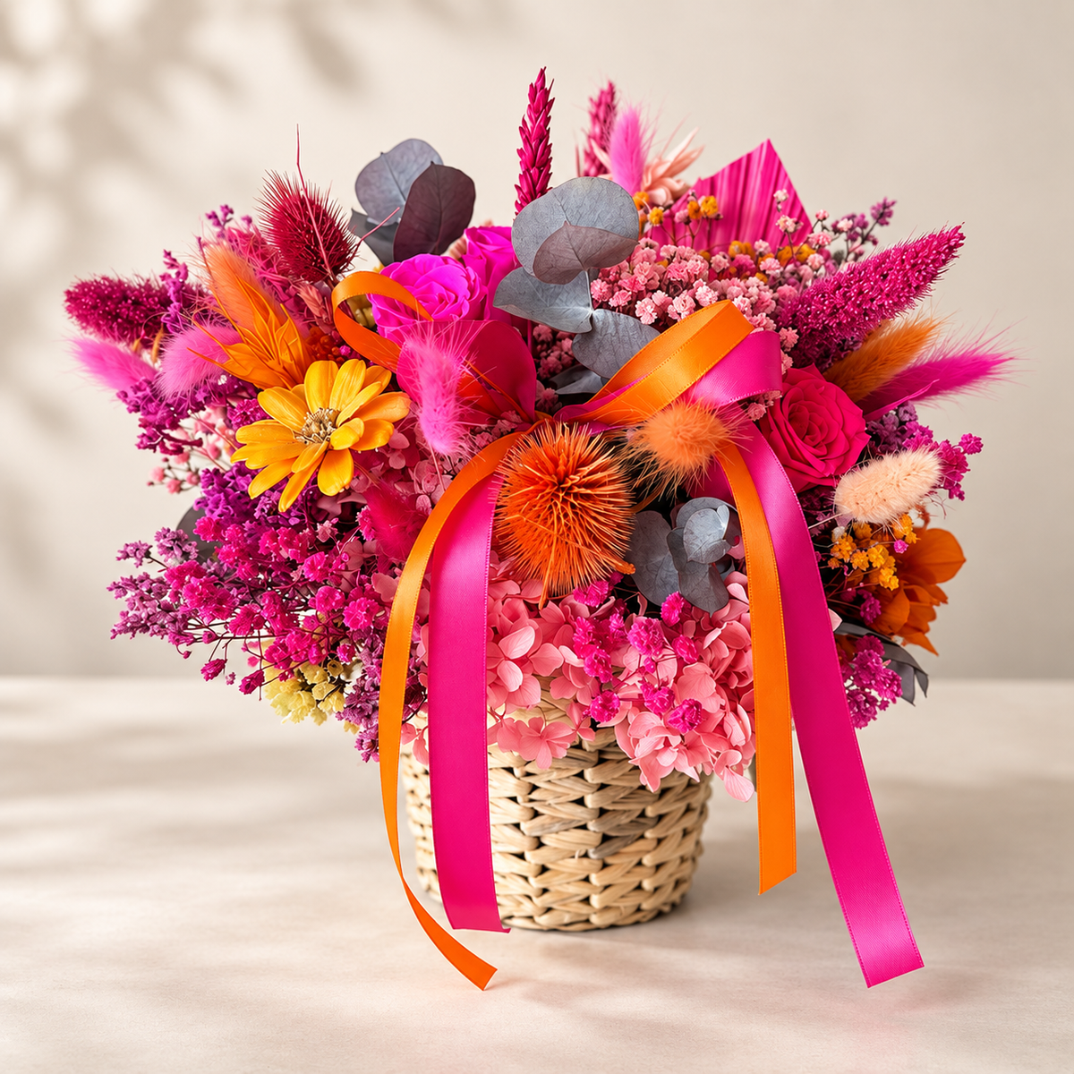 Bright pink and orange dried and preserved flower gift basket, handmade in Australia with roses, hydrangea and decorative ribbons.