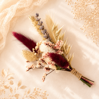 Romantic burgundy and blush mini dried flower bouquet with preserved flowers for bridesmaid proposal gifts and wedding keepsakes.