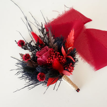 Burgundy and black dried flower boutonniere with preserved rose, gothic groom’s buttonhole for wedding
