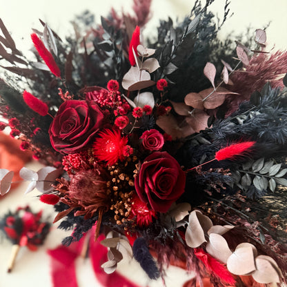 Australian Burgundy and black dried flower wedding bouquet with preserved roses and eucalyptus, moody bridal bouquet.