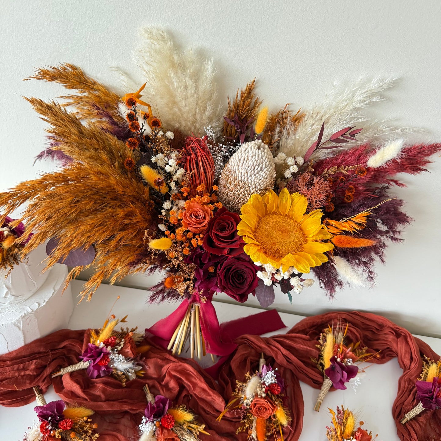 Burnt Orange Sunflower Wedding Set featuring bridal bouquets