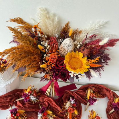 Burnt Orange Sunflower Wedding Set featuring bridal bouquets