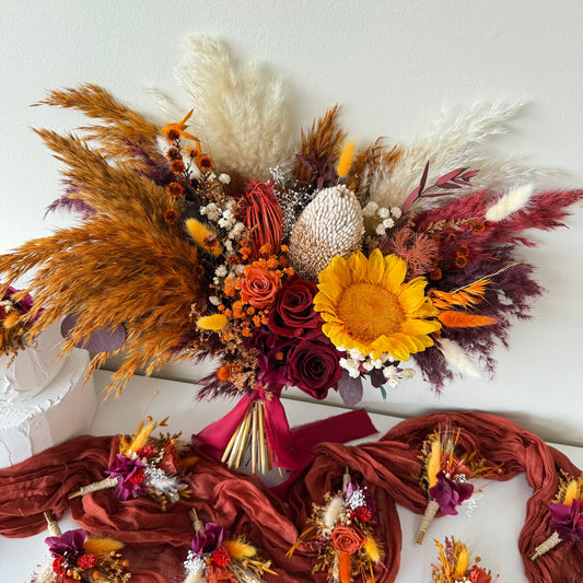 Burnt Orange Sunflower Wedding Set featuring bridal bouquets