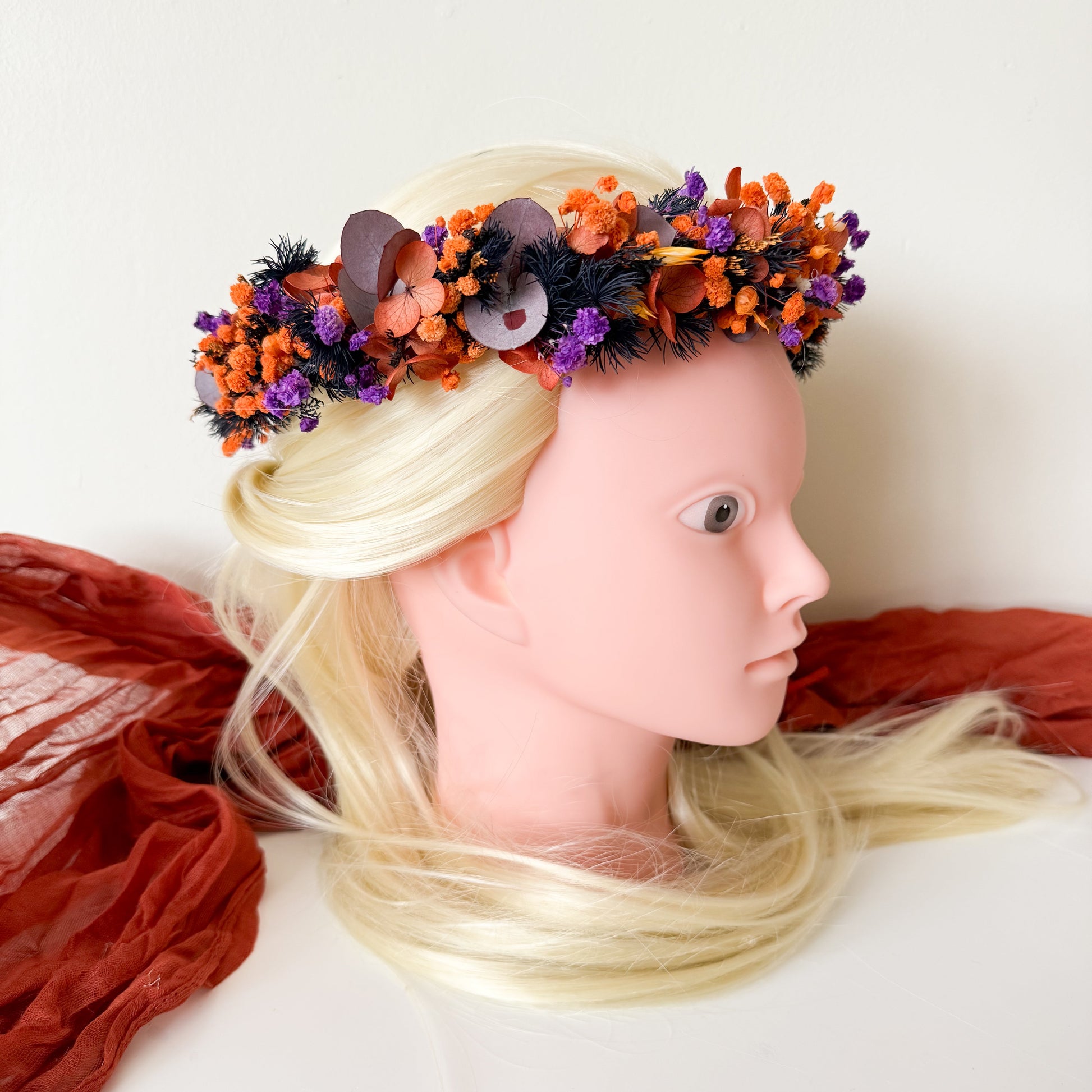 Side view of burnt orange and purple dried flower crown handmade in Australia — bohemian bridal accessory for rustic weddings