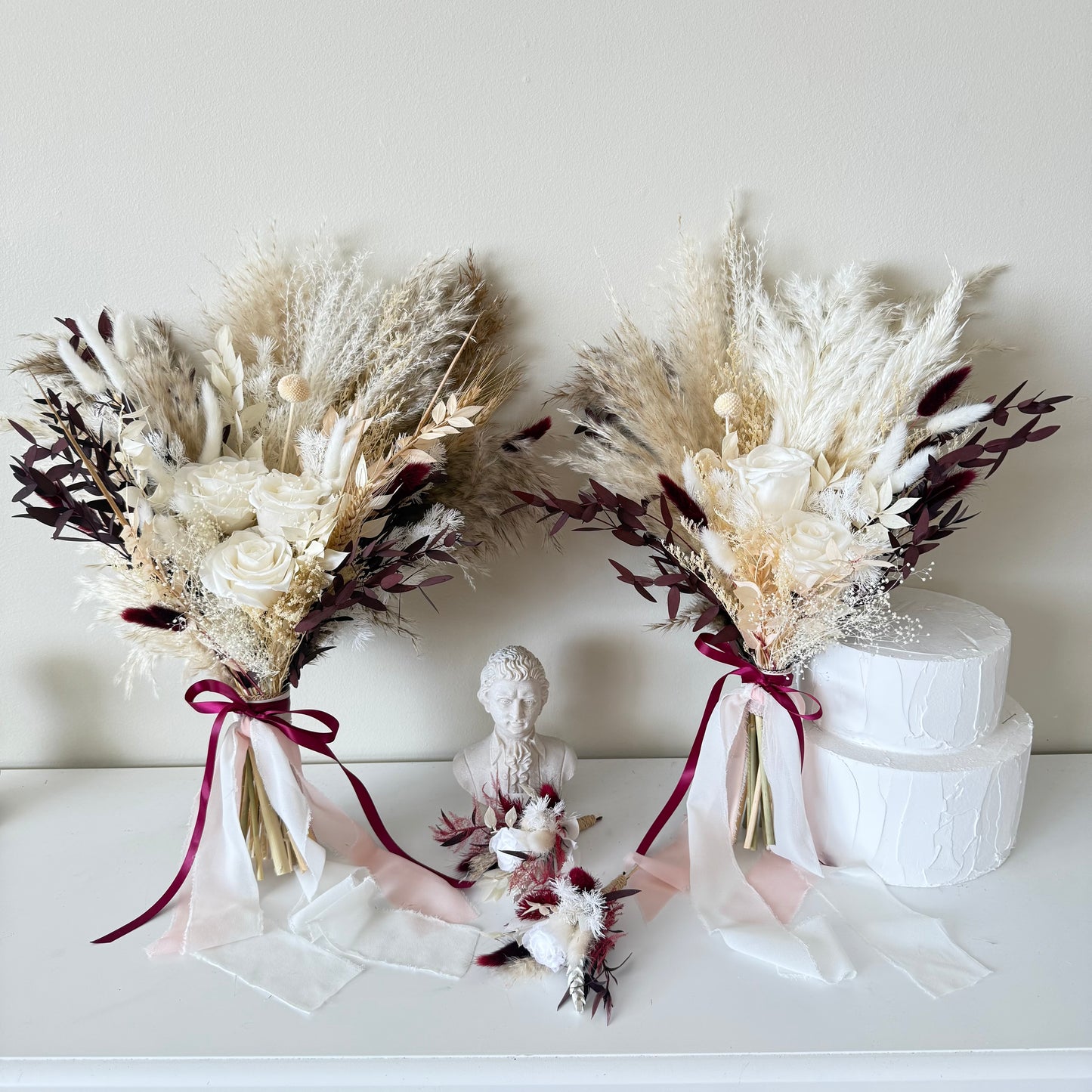 Dried Bridal Bouquet - Boho Rustic Wedding Bouquet with White Roses & Burgundy Accents
