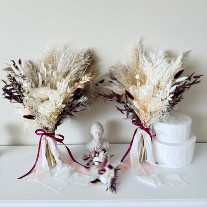 Dried Bridal Bouquet - Boho Rustic Wedding Bouquet with White Roses & Burgundy Accents