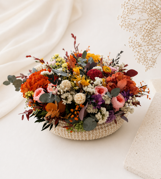 Autumn Dried Flower Arrangement in Basket with Hydrangea