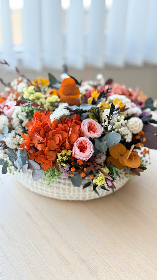 Autumn Dried Flower Arrangement in Basket with Hydrangea