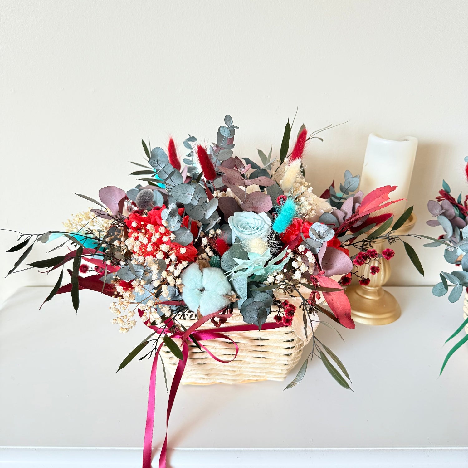 Handmade dried flower Christmas basket in red and mint tones. Long-lasting festive décor or gift. Available in small and large sizes. Australia-wide shipping