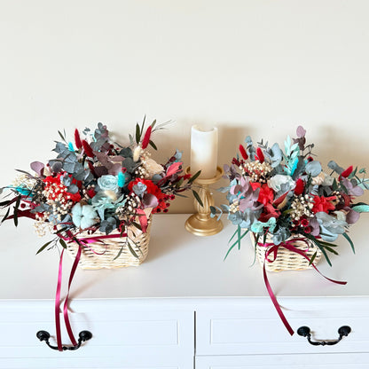 Small and large Christmas dried flower baskets featuring red, mint and natural tones, handmade holiday decoration.