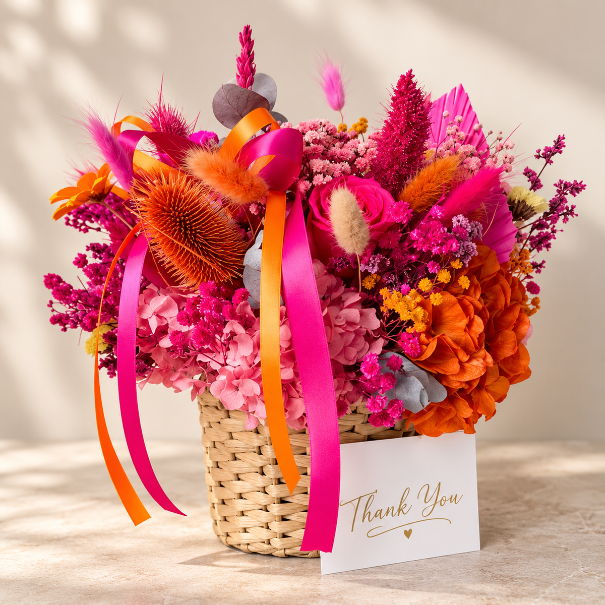 Colourful preserved flower arrangement in a woven basket with pink and orange flowers, a long-lasting handmade gift in Australia