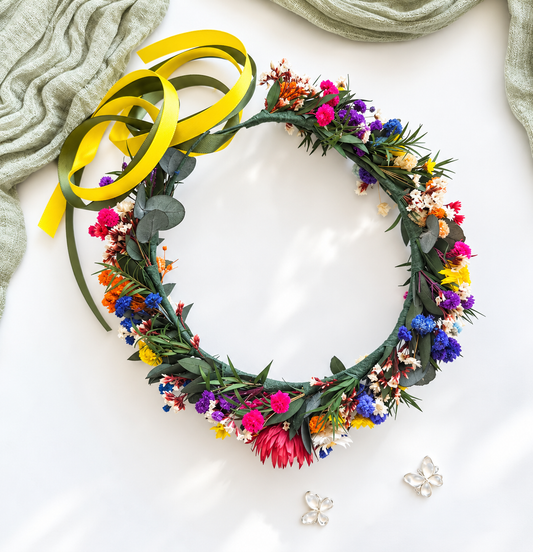 Colourful dried flower crown with preserved wildflowers, eucalyptus and yellow ribbon, handmade boho bridal headpiece