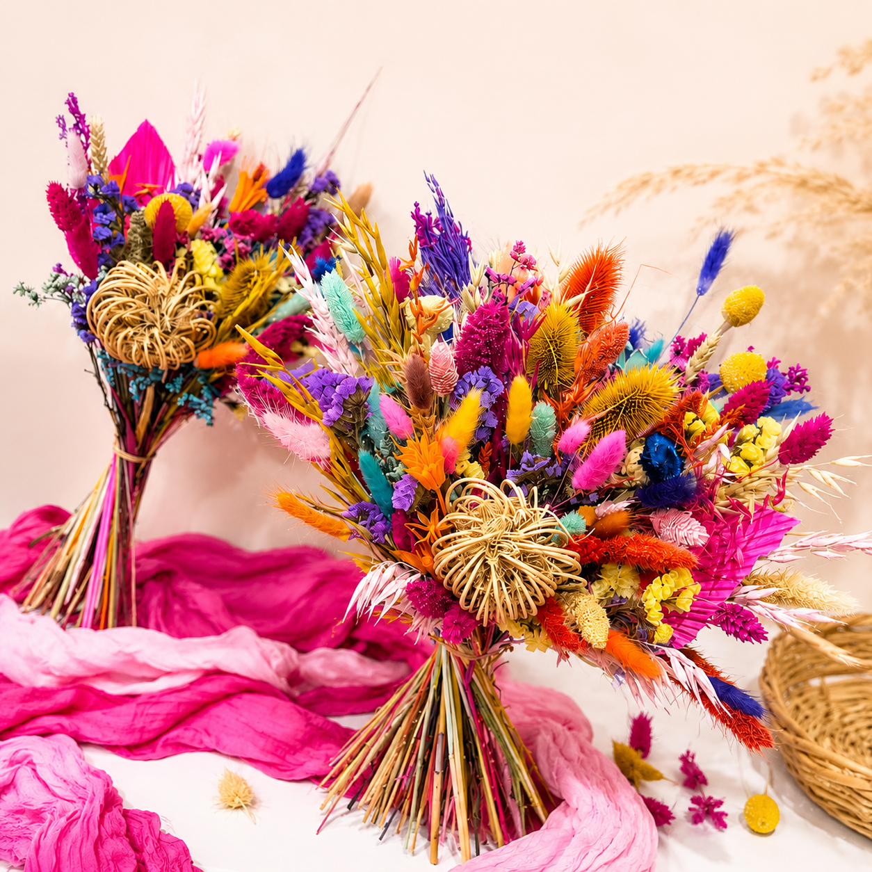 Handcrafted rainbow dried bridal bouquet featuring vibrant preserved flowers in pink, purple, orange, yellow and blue, perfect for a colourful boho wedding in Australia