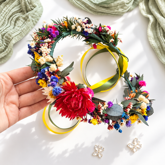 Bright dried flower crown with red, blue, purple, yellow and orange flowers, lightweight preserved floral wedding hair accessory