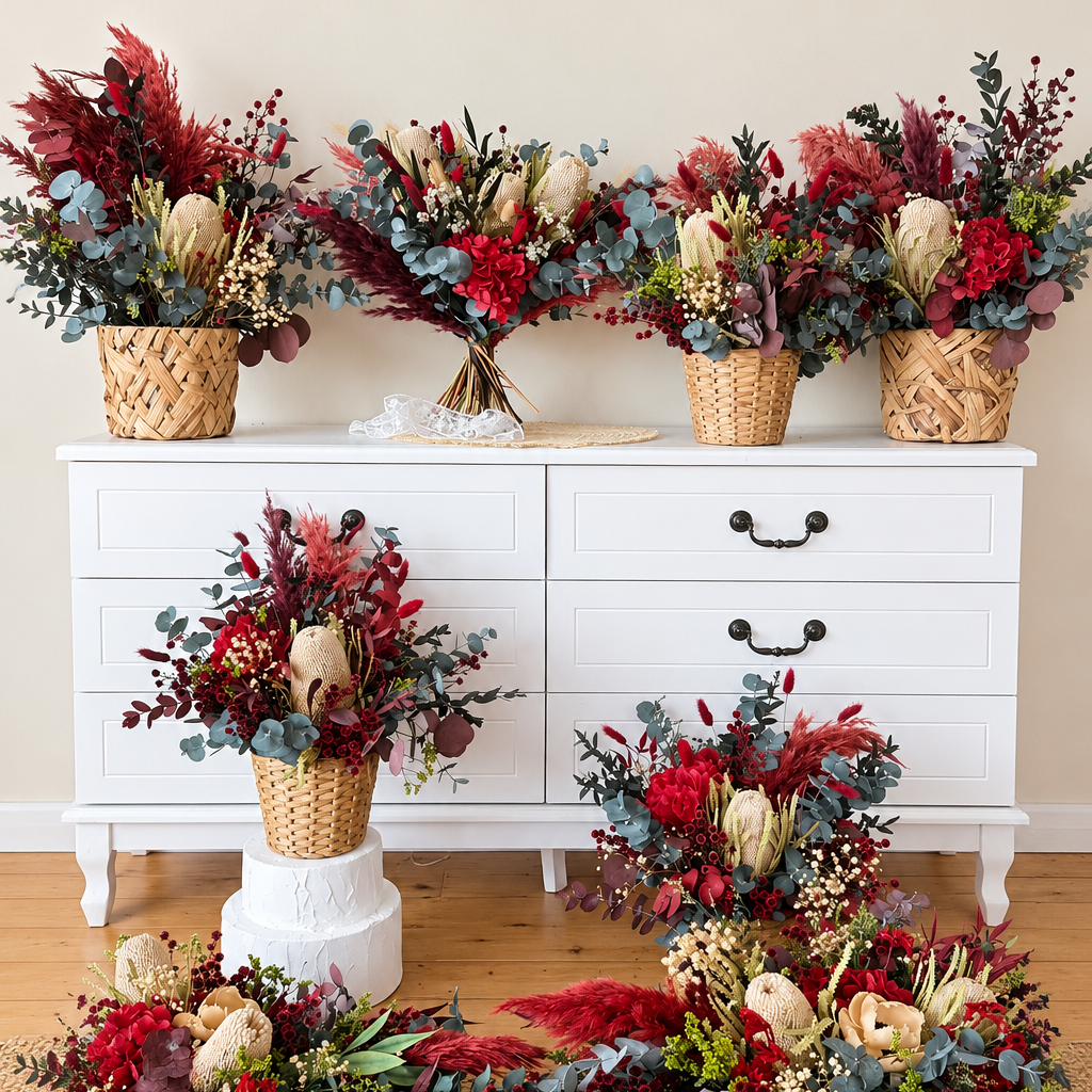 A styled arrangement of dried and artificial floral arrangements in wicker baskets and long garlands, displayed on and around a white wooden dresser against a beige wall.
