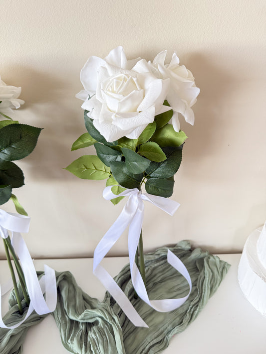 White Silk Rose Bridal Bouquet, Classic Modern Real-Touch Reflex Roses