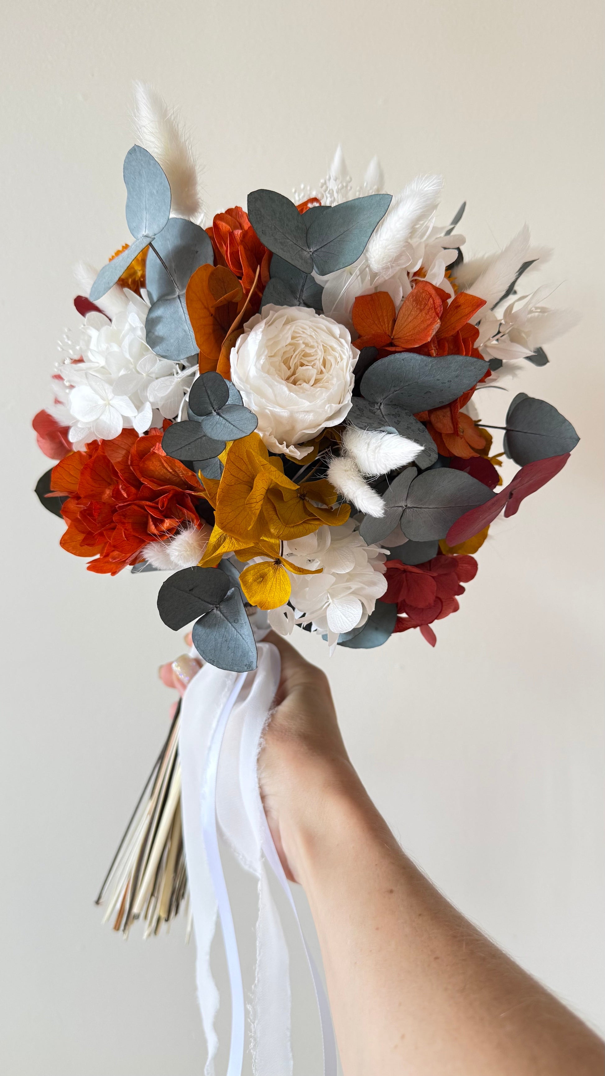 Burnt Orange Dried Bridal Bouquet with Preserved Roses, Eucalyptus and Pampas Grass