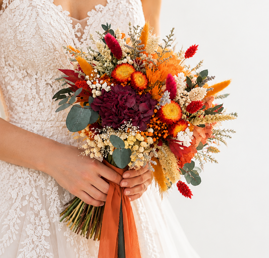 A bride in a white lace wedding dress holds a vibrant autumn floral bouquet with orange, red, and burgundy flowers, green foliage, and long orang