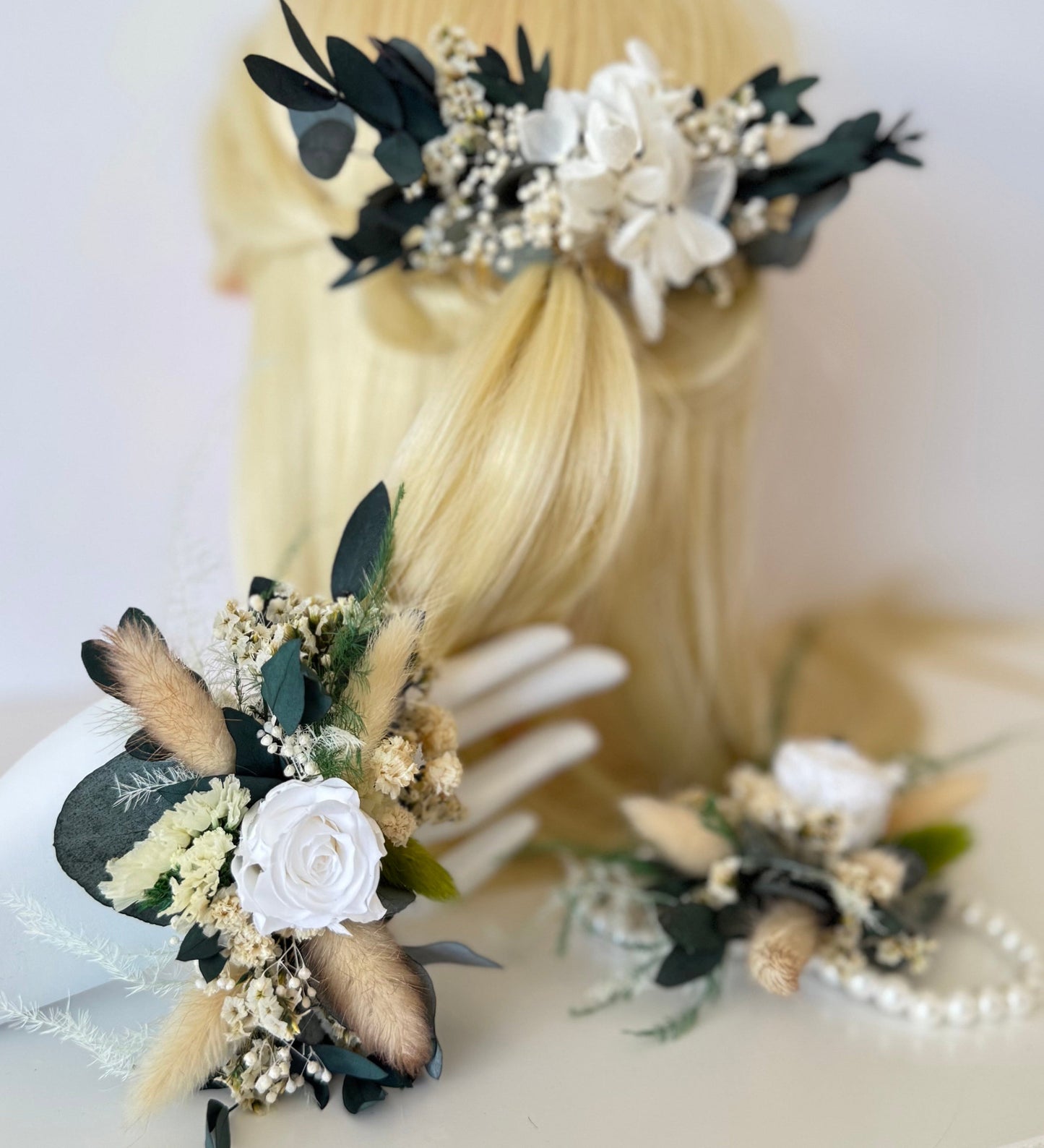 Ivory and sage dried floral crown with matching accessories for rustic and outdoor weddings.