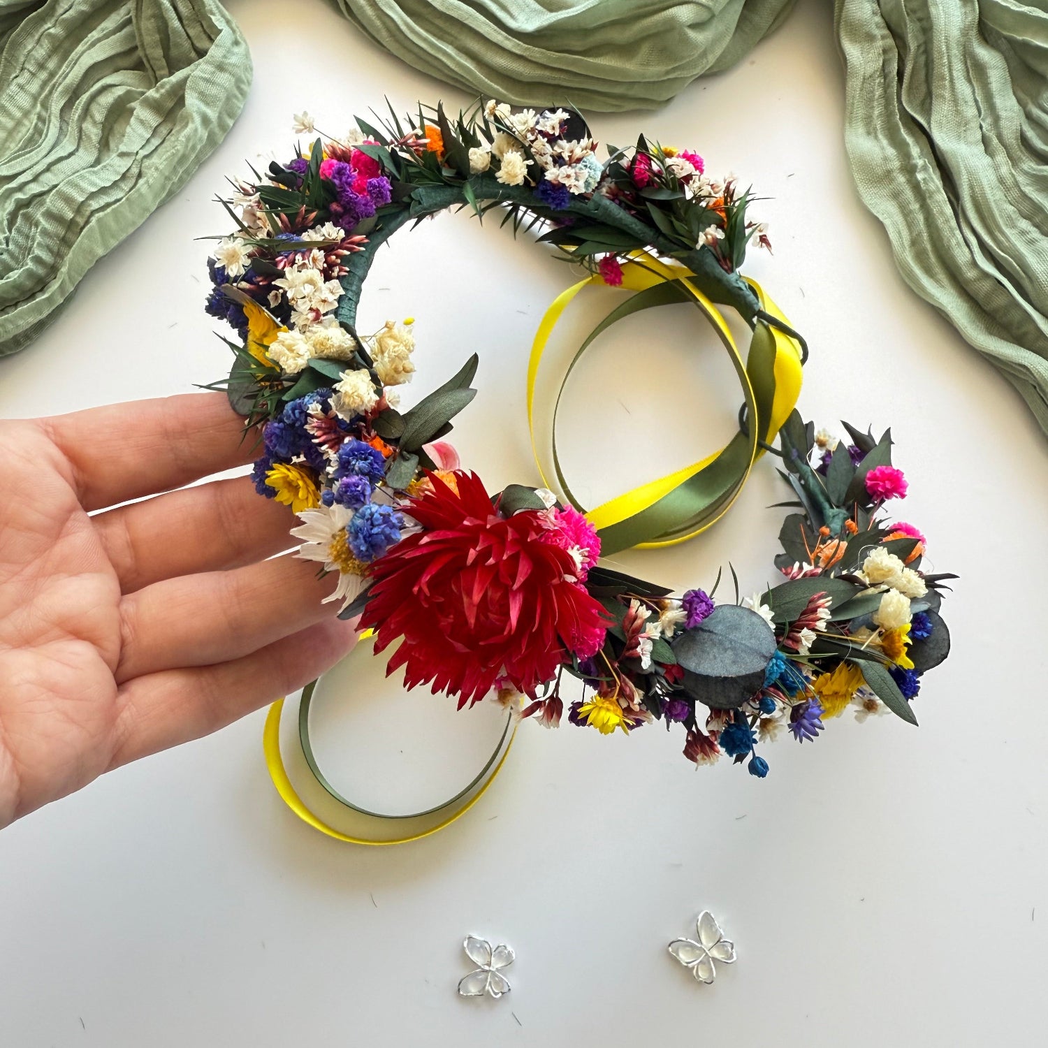 Vibrant dried flower crown with red, blue, yellow and white blooms, handmade Ukrainian-style wreath with yellow ribbons, perfect for summer or boho weddings.