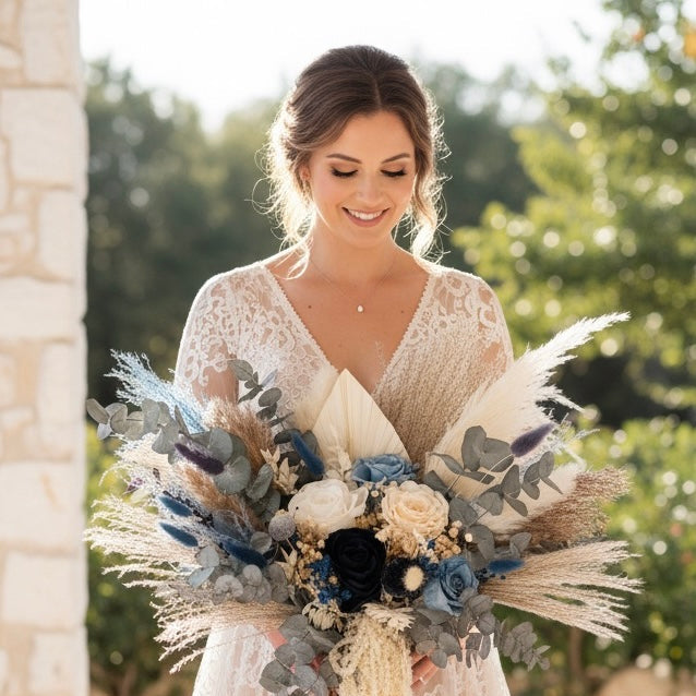 Woman in a lace dress holding a large, decorative bouquet outdoors.