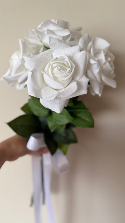 White Silk Rose Bridal Bouquet, Classic Modern Real-Touch Reflex Roses