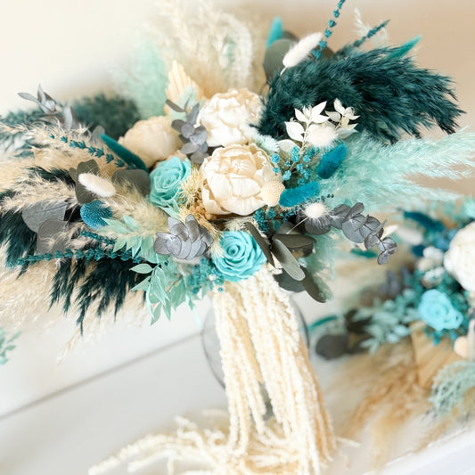 Teal and Aqua Boho Bridal Bouquet with Sola Peony and Rose