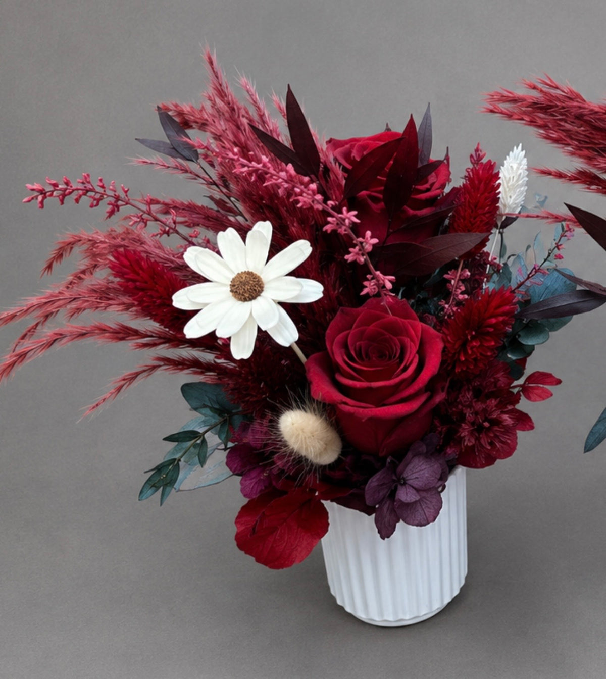 Dried Flower Arrangement in Deep Red and Burgundy Tones