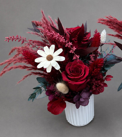 Dried Flower Arrangement in Deep Red and Burgundy Tones