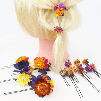 Full set of boho dried flower hair pins in purple and orange, bridesmaid hair accessories