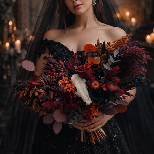 Gothic Skull Wedding Bouquet – Burgundy & Black Dried Bridal Bouquet, Alternative Boho Wedding Flowers