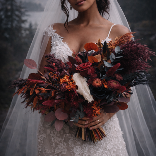 Woman in a wedding dress holding a bouquet with a mountainous background