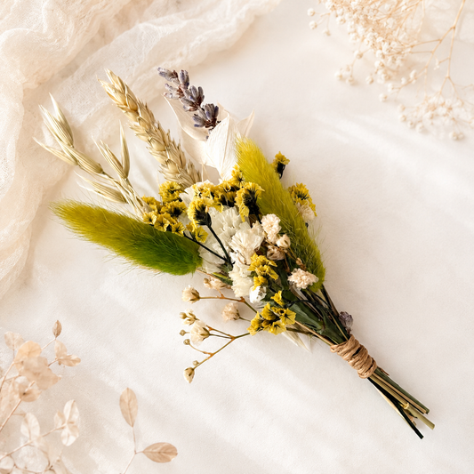 Handmade green and ivory mini dried flower bouquet with preserved flowers, perfect for bridesmaid proposal gifts and wedding favours.