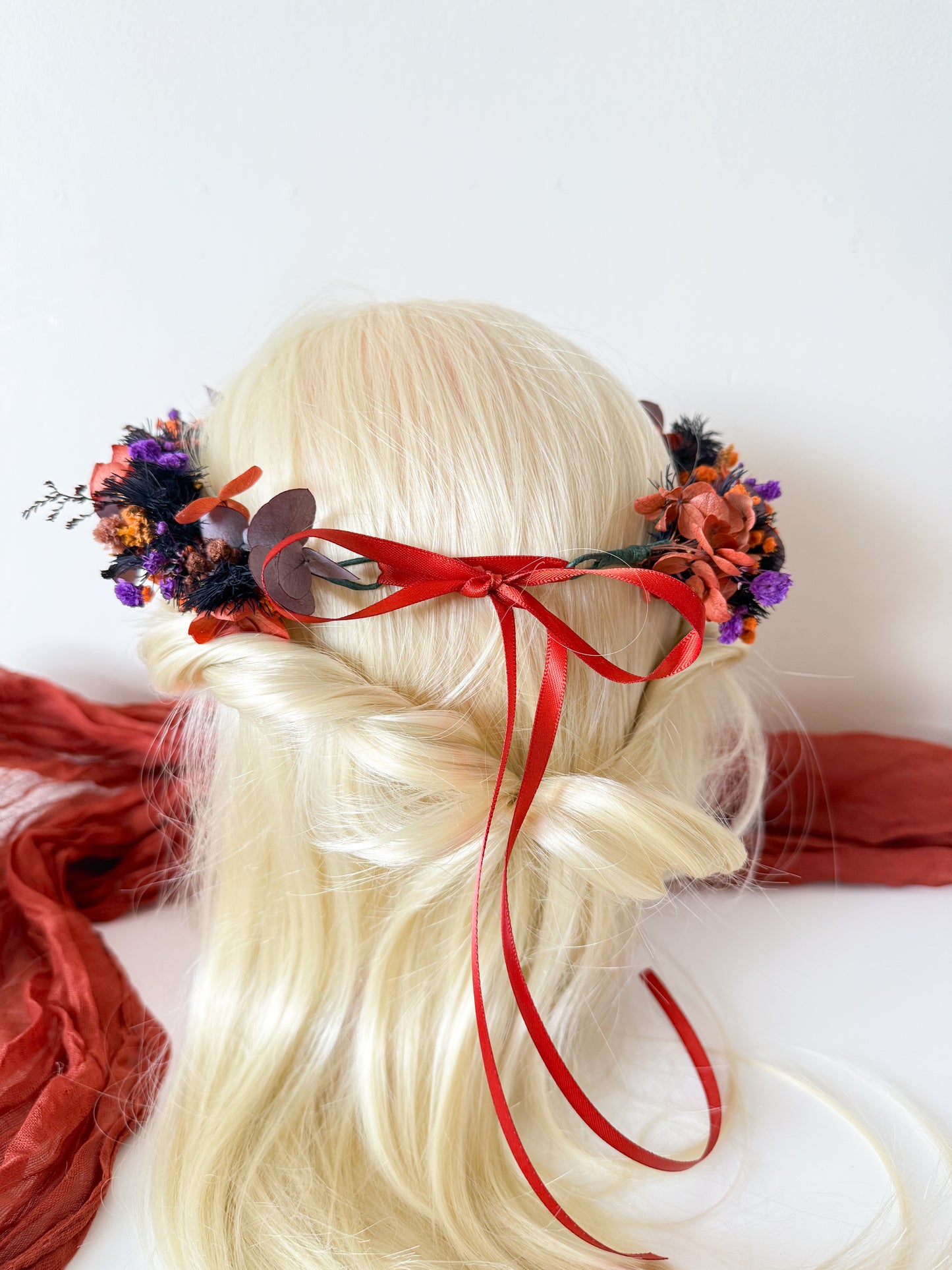 Back view of boho dried flower crown with ribbon tie — handmade floral halo for Australian brides