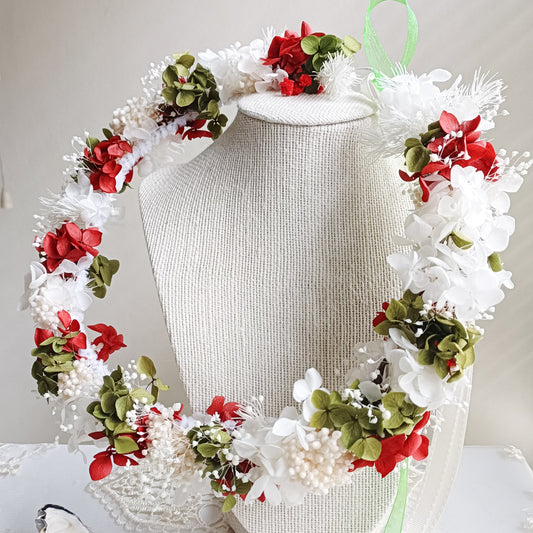 Handmade dried flower halo crown for weddings or special occasions, featuring multicolored preserved botanicals