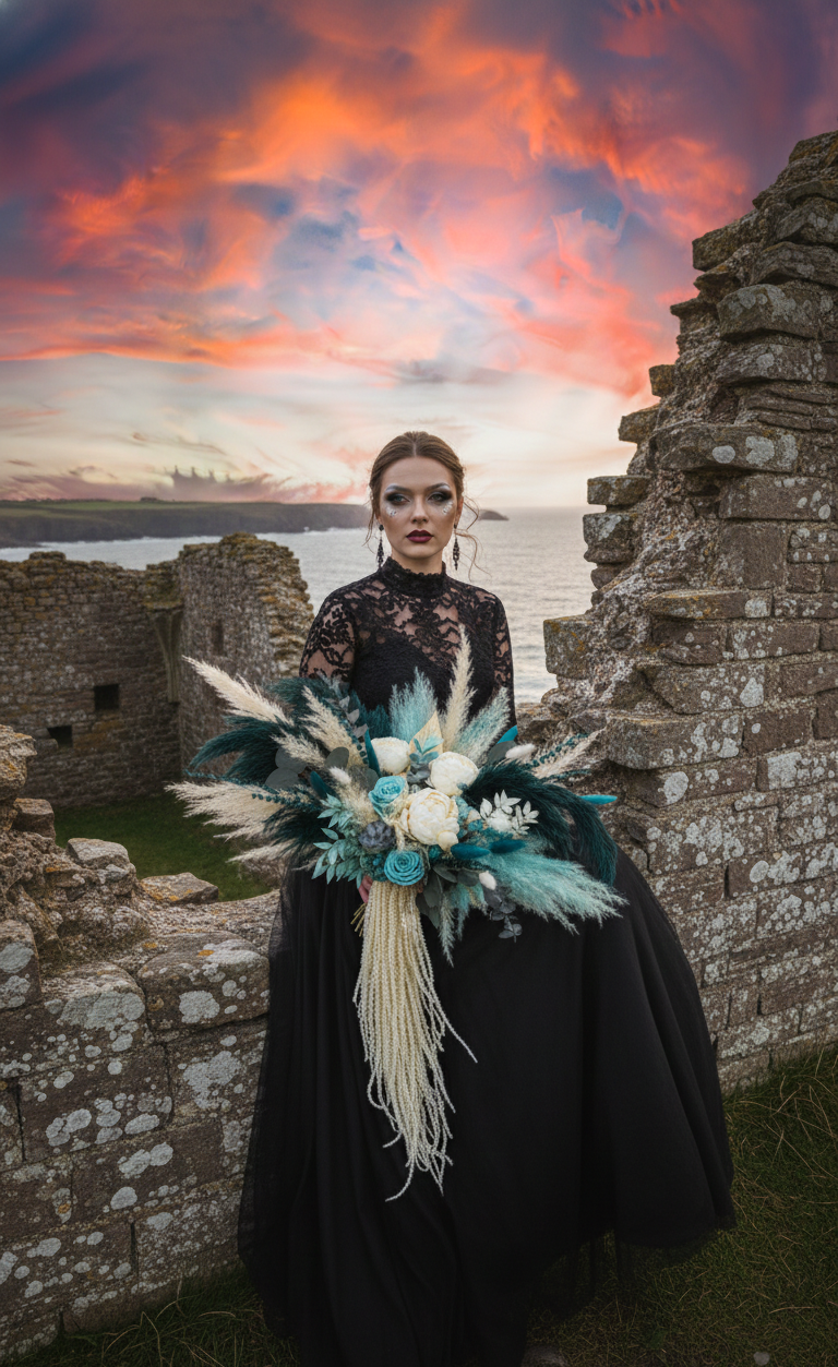 Teal and Aqua Boho Bridal Bouquet with Sola Peony and Rose