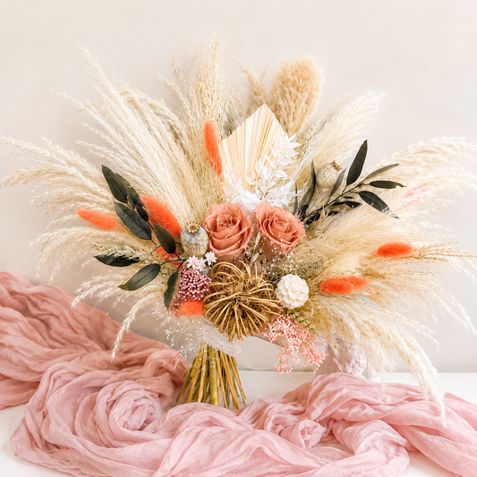 Boho Dried Bridal Bouquet - Peach Orange & Dark Olive Flower