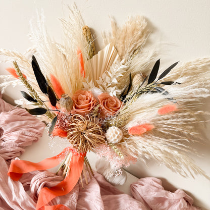 Boho Dried Bridal Bouquet - Peach Orange & Dark Olive Flower