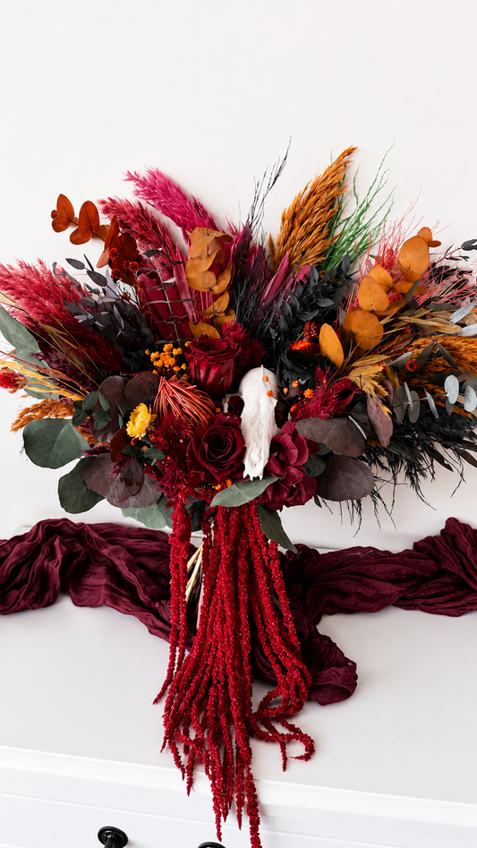 Gothic Skull Wedding Bouquet – Burgundy & Black Dried Bridal Bouquet, Alternative Boho Wedding Flowers