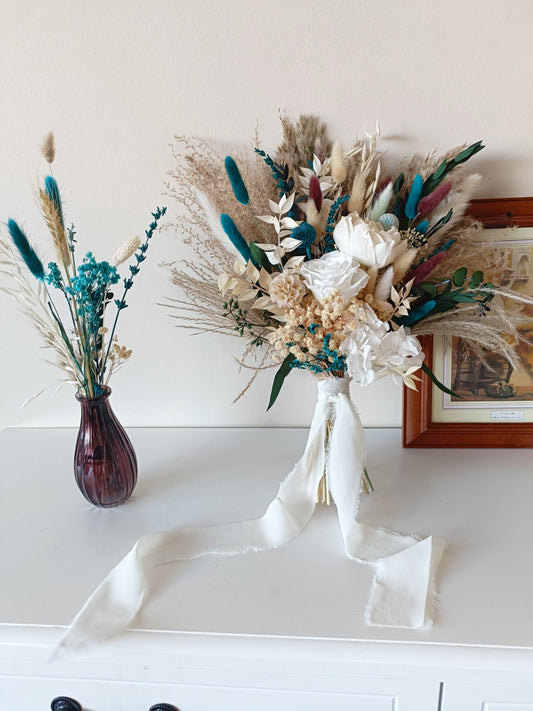 Teal and Aqua Boho Bridal Bouquet with Wildflowers