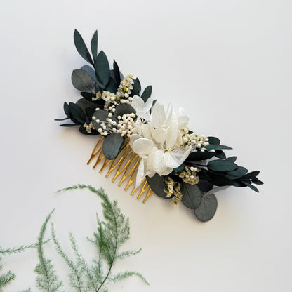 Simple and elegant dried flower hair comb with sola roses and olive greenery, handmade in Australia.