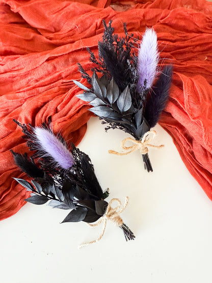 Rustic dried boutonniere in black and purple tones, handmade floral accessory for groom, groomsmen, or wedding guests.